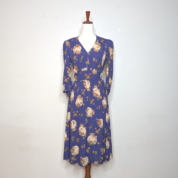 Loco Lindo 40s Retro Inspired Rayon Crepe V-Neck Day Dress Size Medium - Picture 1 of 11
